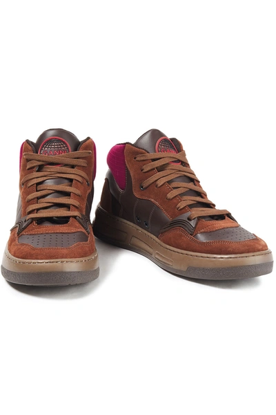 Shop Ganni Neoprene-paneled Leather And Suede Sneakers In Brown