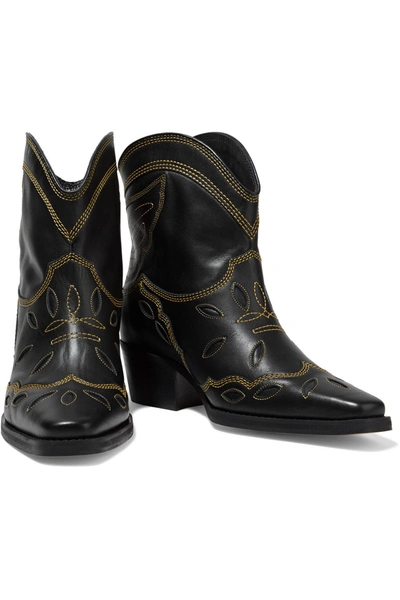 Shop Ganni Low Texas Embroidered Leather Ankle Boots In Black