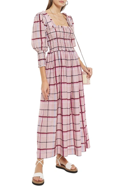 Shop Ganni Shirred Printed Cotton And Silk-blend Maxi Dress In Pastel Pink