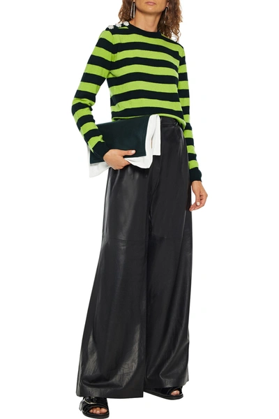 Shop Ganni Button-embellished Striped Cashmere Sweater In Lime Green