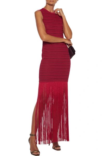 Shop Herve Leger Fringed Metallic Crochet-knit Maxi Dress In Crimson