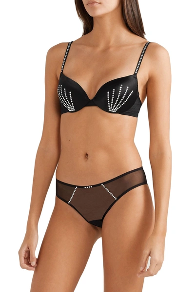 Shop Id Sarrieri Nuit Interdit Embellished Satin And Stretch-tulle Underwired Push-up Bra In Black
