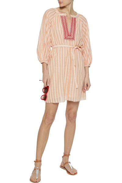 Shop Lemlem Nefasi Belted Embroidered Striped Cotton-blend Coverup In Blush