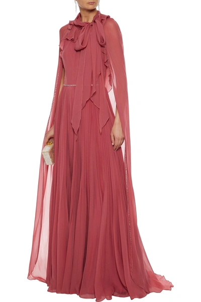 Shop Jenny Packham Cape-back Crystal-embellished Pleated Chiffon Gown In Antique Rose