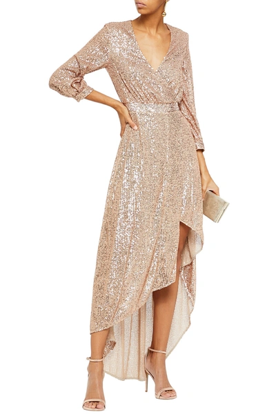 Shop Just Cavalli Asymmetric Sequined Tulle Wrap Gown In Pastel Orange