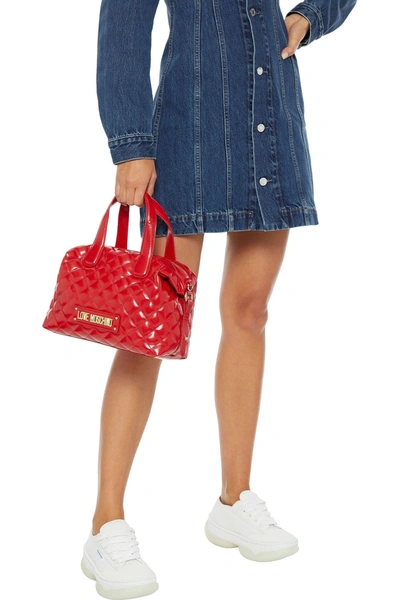 Shop Love Moschino Quilted Faux Glossed-leather Tote In Red