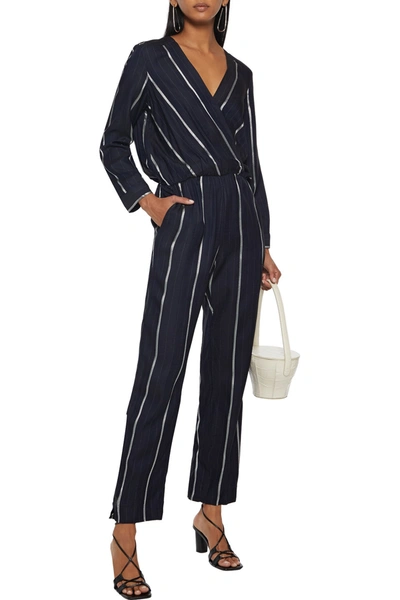 Shop Maje Panti Wrap-effect Striped Jacquard Jumpsuit In Midnight Blue
