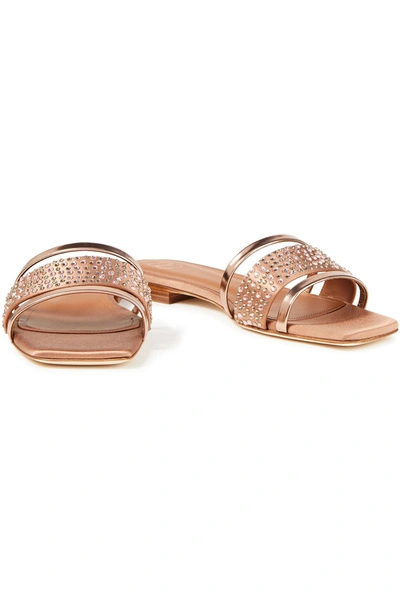 Shop Malone Souliers Rosa Crystal-embellished Leather-trimmed Satin Sandals In Copper