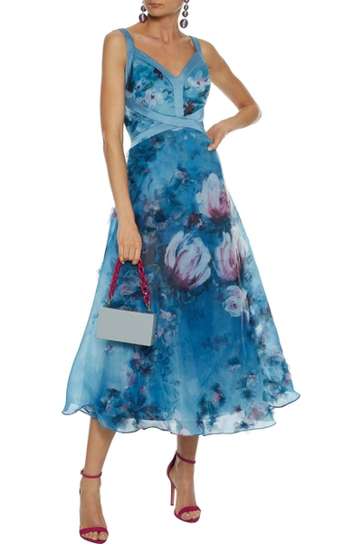 Shop Marchesa Notte Appliquéd Floral-print Organza Midi Dress In Blue