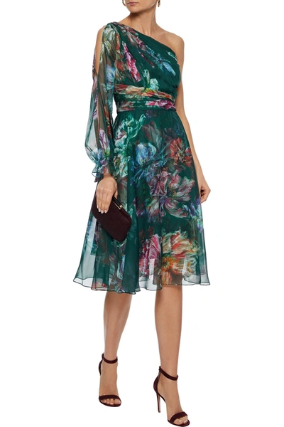Shop Marchesa Notte One-shoulder Pleated Floral-print Chiffon Dress In Forest Green