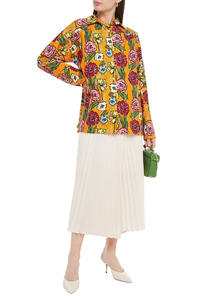 Shop Marni Oversized Pleated Floral-print Cotton-poplin Shirt In Orange