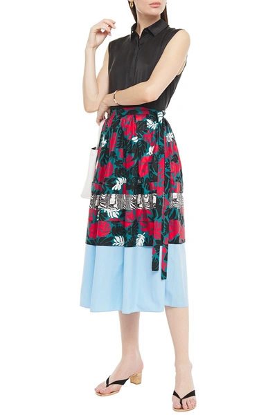 Shop Marni Poplin-paneled Printed Cotton And Linen-blend Midi Skirt In Teal