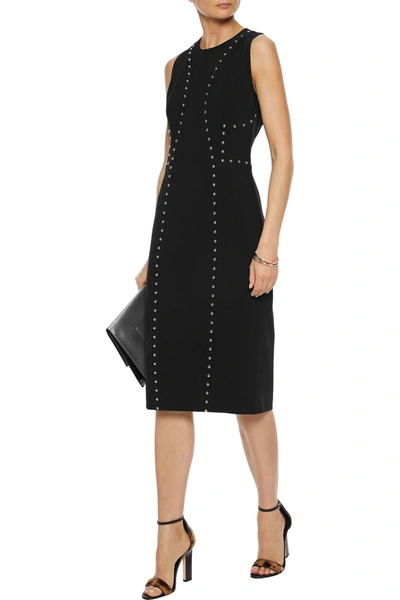 Shop Michael Kors Studded Wool-blend Crepe Dress In Black