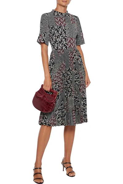 Shop Mikael Aghal Pleated Printed Crepe De Chine Dress In Black