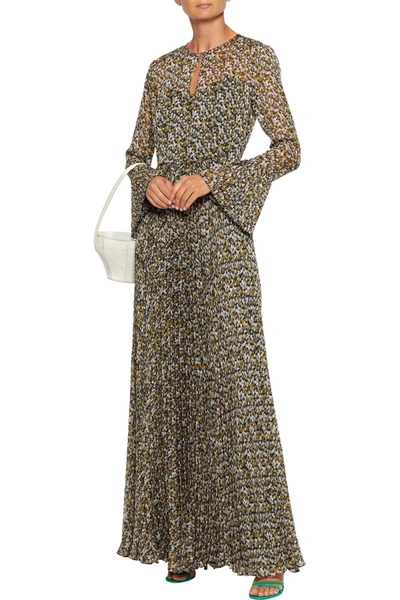 Shop Mikael Aghal Pleated Floral-print Georgette Maxi Dress In Multicolor
