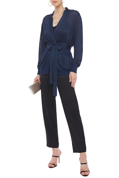 Shop Missoni Belted Metallic Stretch-knit Cardigan In Royal Blue