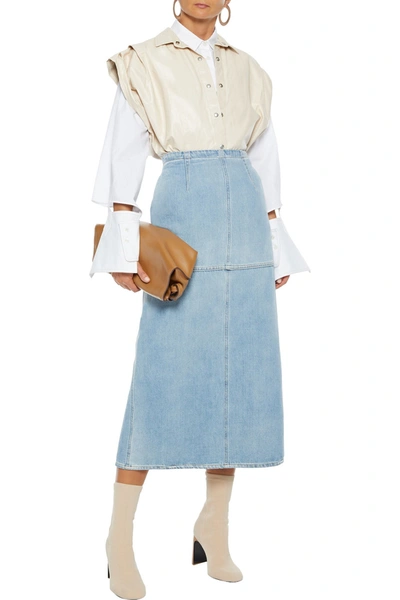 Shop Mm6 Maison Margiela Layered Denim And Cotton-poplin Midi Skirt In Light Denim