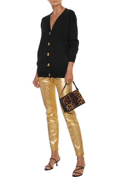 Shop Moschino Metallic Mid-rise Slim-leg Jeans In Gold