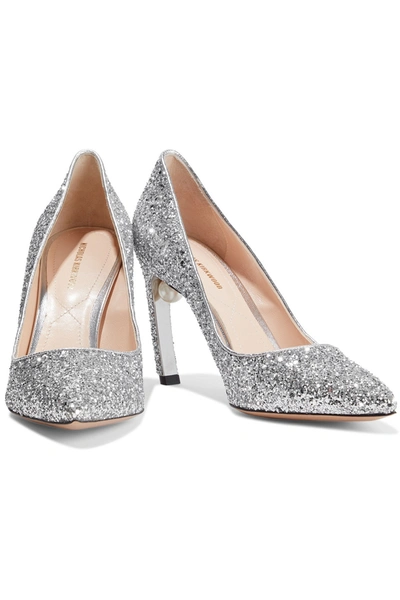 Shop Nicholas Kirkwood Mira Faux Pearl-embellished Glittered Cotton-blend Pumps In Silver