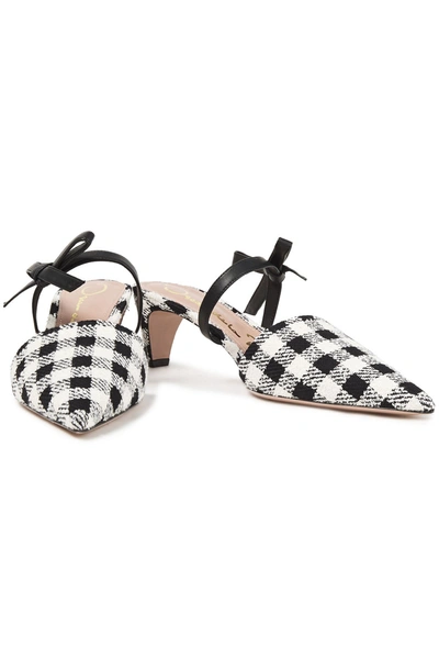 Shop Oscar De La Renta Bow-embellished Leather And Checked Tweed Mules In White