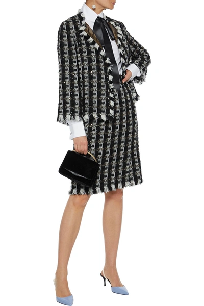 Shop Oscar De La Renta Frayed Sequin-embellished Tweed Jacket In Black