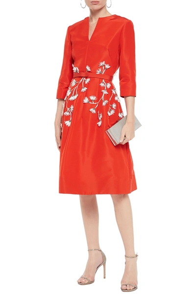 Shop Oscar De La Renta Floral-appliquéd Silk-faille Dress In Red