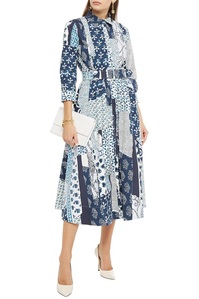 Shop Oscar De La Renta Patchwork-effect Stretch-cotton Poplin Midi Shirt Dress In Indigo