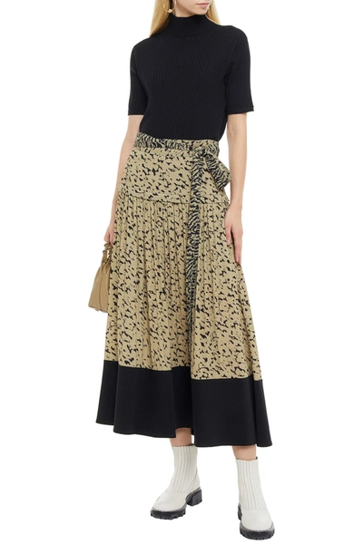 Shop Proenza Schouler Twill-paneled Printed Crepe Midi Skirt In Sage Green