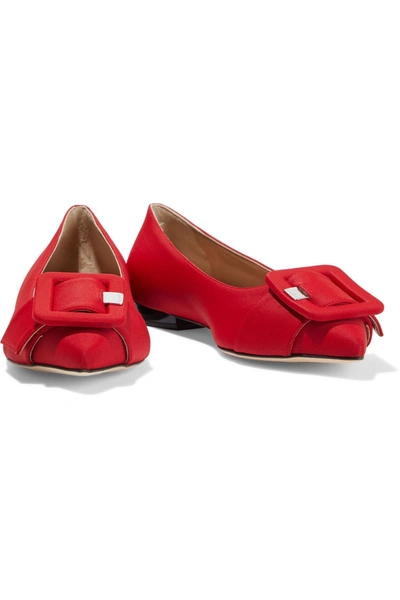 Shop Sergio Rossi Buckle-detailed Cotton-blend Faille Point-toe Flats In Red