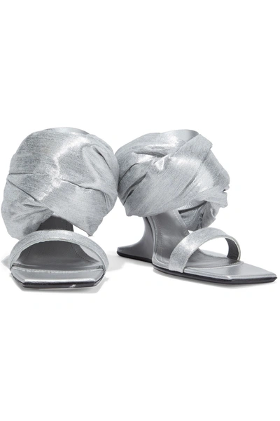 Shop Rick Owens Gathered Metallic Twill And Textured-leather Wedge Sandals In Silver