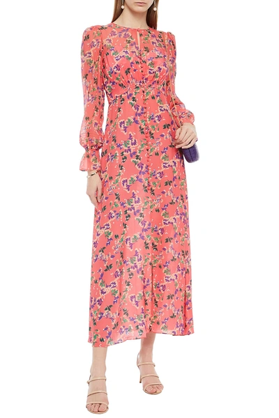 Shop Saloni Becky Paneled Floral-print Silk Maxi Dress In Coral