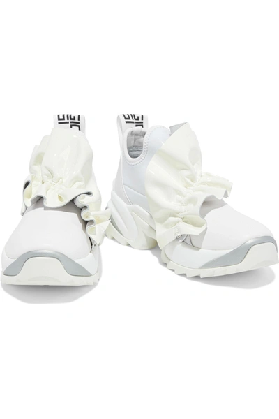 Shop Sergio Rossi Sergio Extreme Ruffled Leather And Coated-neoprene Exaggerated-sole Slip-on Sneakers In White