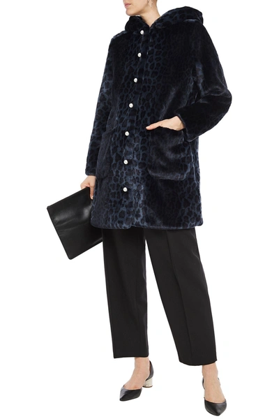 Shop Shrimps Button-embellished Leopard-print Faux Fur Hooded Coat In Midnight Blue