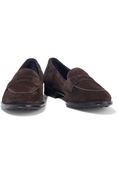 Shop Tod's Suede Loafers In Chocolate