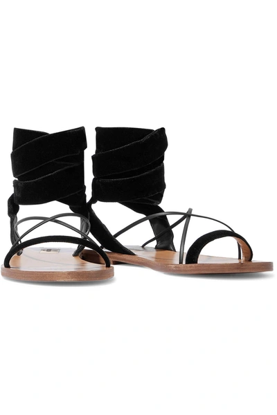 Shop Valentino Lace-up Leather-trimmed Velvet Sandals In Black