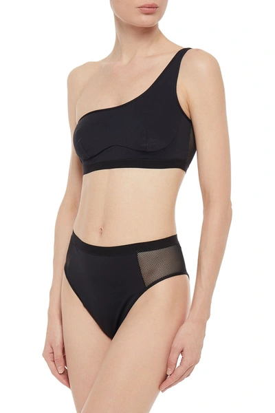Shop Stella Mccartney One-shoulder Mesh-paneled Bandeau Bikini Top In Black