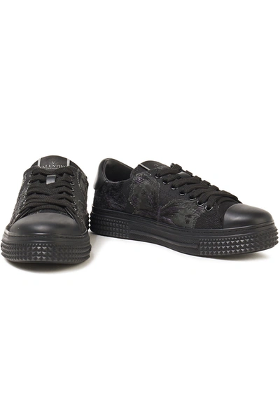 Shop Valentino Camubutterfly Leather-trimmed Appliquéd Canvas Sneakers In Black