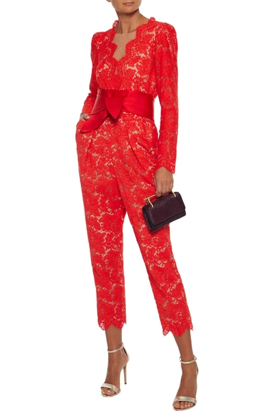 Shop Stella Mccartney Pearl Cropped Belted Cotton-blend Corded Lace Jumpsuit In Tomato Red