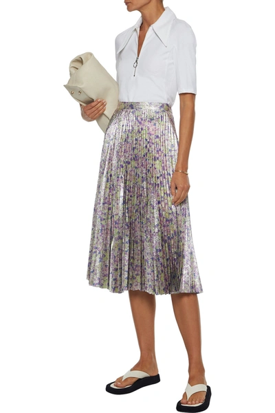 Shop Stella Mccartney Isabelle Pleated Floral-print Lamé Skirt In Lavender
