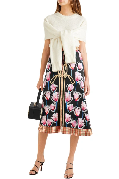 Shop Temperley London Arabesque Floral-print Satin-crepe Midi Skirt In Black