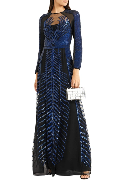 Shop Temperley London Dusk Sequined Tulle And Silk-chiffon Maxi Gown In Midnight Blue
