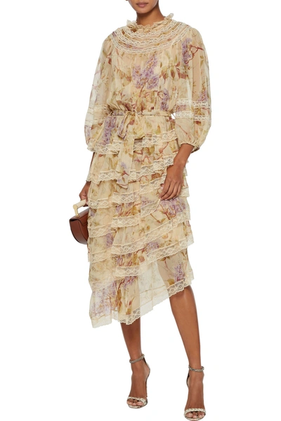 Shop Zimmermann Sabotage Tiered Lace-trimmed Floral-print Silk-chiffon Midi Dress In Sand
