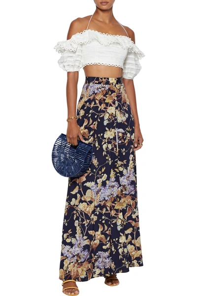 Shop Zimmermann Sabotage Floral-print Silk-blend Crepe De Chine Maxi Skirt In Midnight Blue