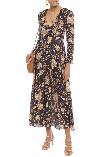 Shop Zimmermann Veneto Ruffle-trimmed Floral-print Linen Maxi Dress In Dark Brown