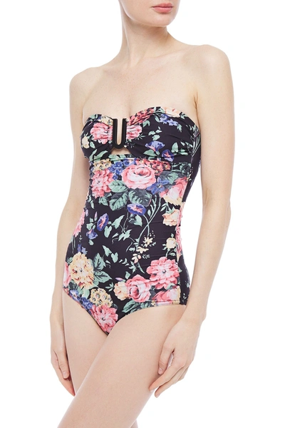 Shop Zimmermann Allia Ruched Floral-print Bandeau Swimsuit In Black