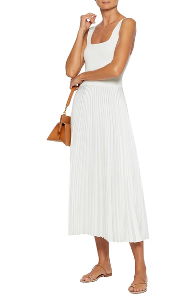 Shop Theory Ribbed-knit And Pleated Satin-crepe Midi Dress In Ivory