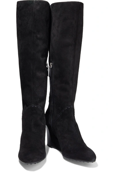 Shop Tod's Suede Wedge Knee Boots In Black