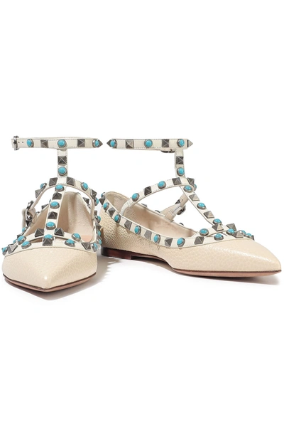 Shop Valentino Rockstud Rolling Pebbled-leather Point-toe Flats In Ivory