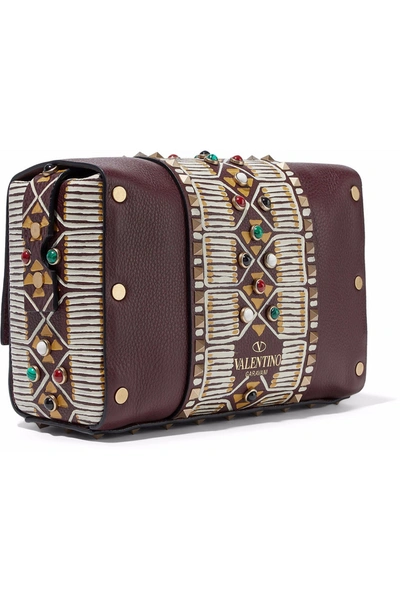 Shop Valentino Embellished Textured-leather Shoulder Bag In Merlot