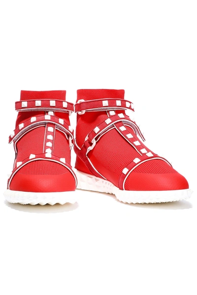 Shop Valentino The Rockstud Bodytech Suede-trimmed Paneled Stretch-knit Sneakers In Tomato Red